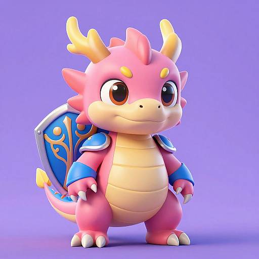 Cute digital 3D-rendered pink dragon with yellow horns, blue armor, and shield, standing on a purple background. Adorable and cart