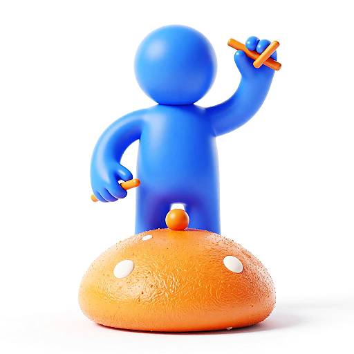 Playful Blue Humanoid with Orange Mushroom