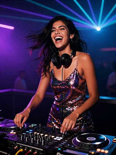 Laughing Female DJ in Neon Club