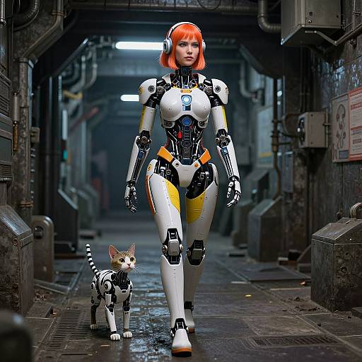 CGI image of a futuristic, orange-haired, white and black robotic woman with yellow accents, walking a small robotic cat in a dimly lit,