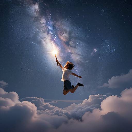 Silhouetted child in white shirt and shorts jumps into starry, cosmic sky with glowing Milky Way and clouds below. Digital art.