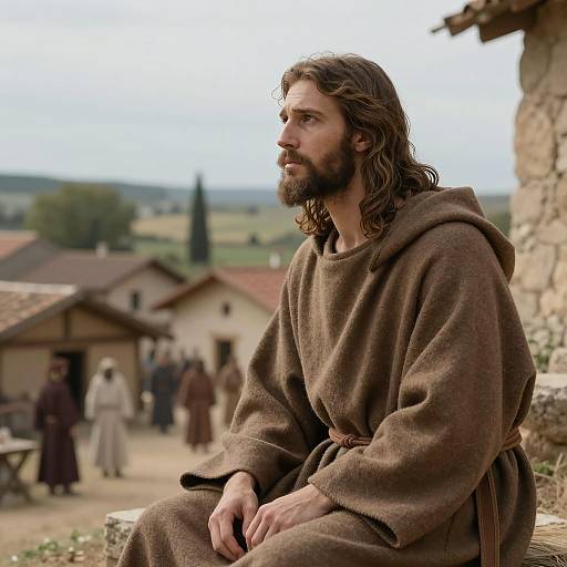 Thoughtful Jesus in Nazarene Village Setting