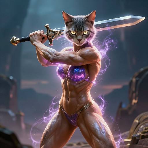 Digitally-rendered, muscular, anthropomorphic cat warrior with glowing yellow eyes, holding a glowing sword, wearing a purple bikini, surrounded by purple energy
