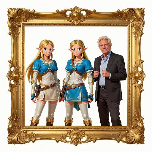 Zelda Twilight Princess Characters with Elderly Man in Gold Frame