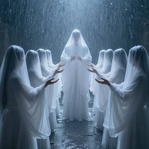 Photograph of ethereal, ghostly white-robed figures standing in rain, hands raised, illuminated by bluish light, central figure centered. M