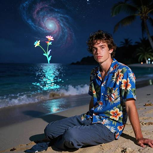 Young Man on Tropical Beach at Night with Cosmic Flower