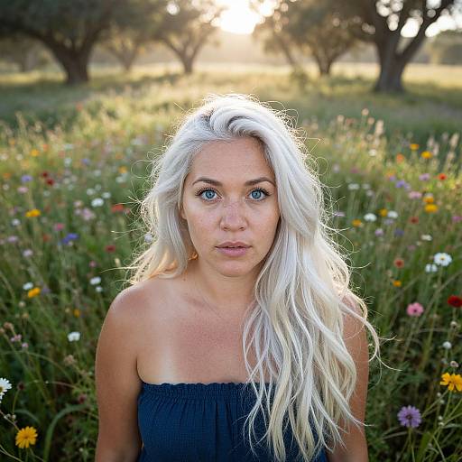 Photograph of a blonde woman with blue eyes, wearing a black strapless top, standing in a sunlit meadow of colorful wildflowers and trees
