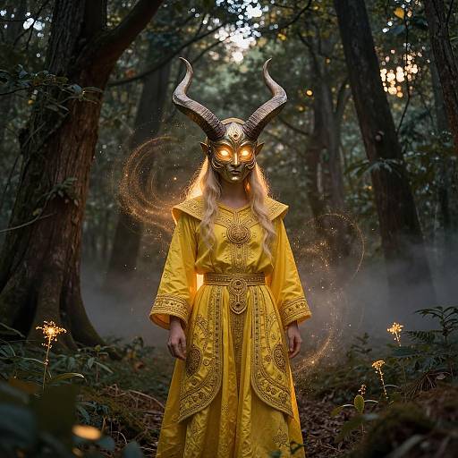 Photograph of a mystical forest figure with glowing orange eyes, wearing a yellow, intricately embroidered dress and horned helmet, surrounded by glowing sparks and