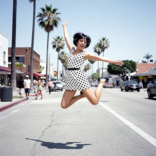 Photograph of a joyful Asian woman with short black hair, wearing a white polka dot dress, mid-air jump on a sunny, palm-tree-lined