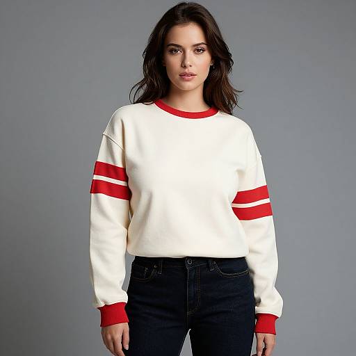 Photograph of a young woman with fair skin and dark brown wavy hair, wearing a white sweater with red stripes on the sleeves and collar, and