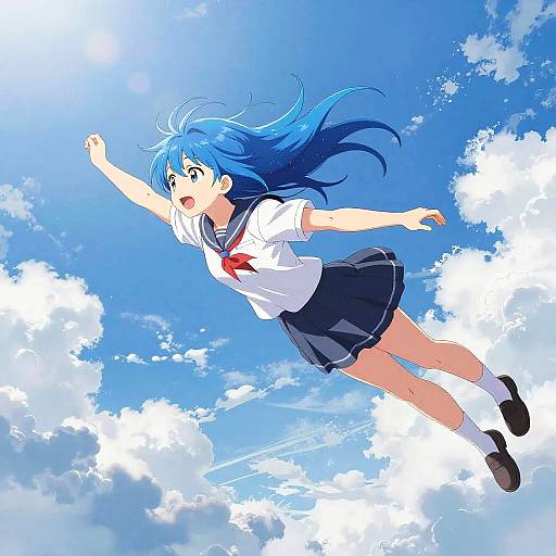 Dynamic Anime Girl Flying Sky