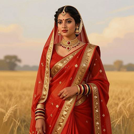 Photograph of a beautiful Indian woman in a red and gold traditional saree, standing in a golden wheat field at sunset.