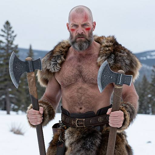 Photograph of a muscular, bald, bearded Viking warrior with red face paint, holding two large axes, dressed in fur armor, against a snowy