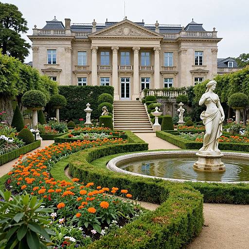 Photograph of a grand, neoclassical mansion with tall columns, surrounded by a vibrant, symmetrical garden with orange flowers, a central fountain