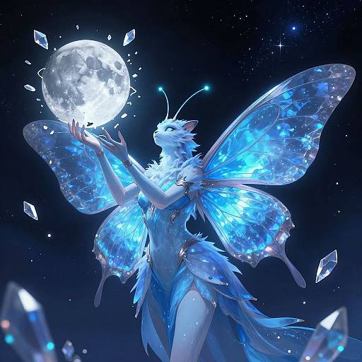 Digital art of a glowing blue fairy with transparent, starlit wings, holding a radiant full moon against a starry night sky.