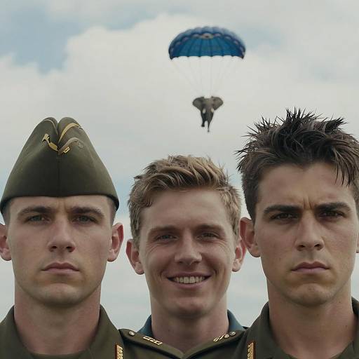 Portrait of Three Soldiers with Parachuting Elephant in Background