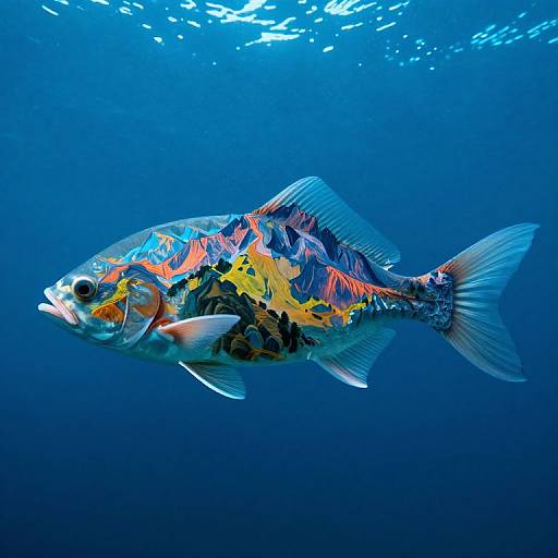 Photograph of a vibrant, multicolored fish with orange, blue, yellow, and black patterns swimming in a deep blue underwater environment.