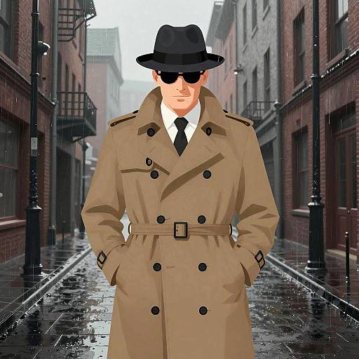 Digital artwork of a suave man in a tan trench coat, black tie, black fedora, and sunglasses, standing in a rainy urban alleyway