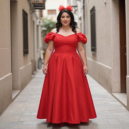 Photograph of a curvy Latina woman with long black hair, red off-shoulder dress, and red bow headband, standing in a narrow