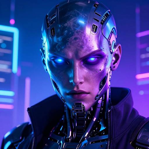 Cyberpunk CGI portrait of a bald, androgynous figure with glowing blue eyes, metallic cybernetic head, and neon blue-purple background