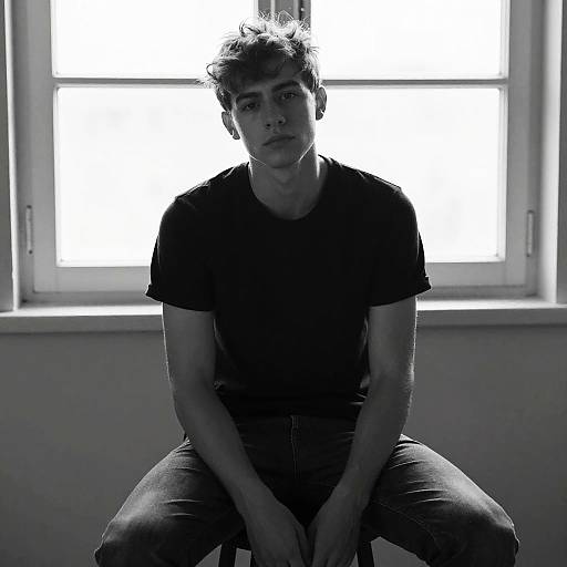 Black-and-white photograph of a young man with wavy hair, wearing a black t-shirt and jeans, sitting against a brightly lit window.