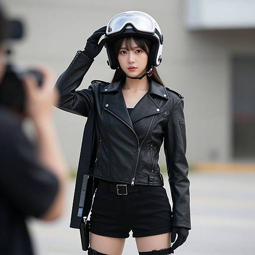 Photograph of an Asian woman in a black leather jacket, black shorts, and white helmet, standing outdoors with a photographer in the foreground.