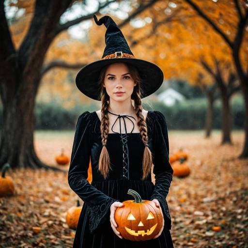 Young woman in witch costume holding jack-o'-lantern