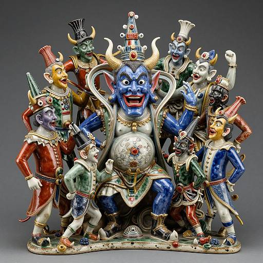 Photograph of colorful, detailed, ceramic sculpture depicting a blue, horned, masked figure surrounded by six vibrant, adorned, fantastical characters with varied