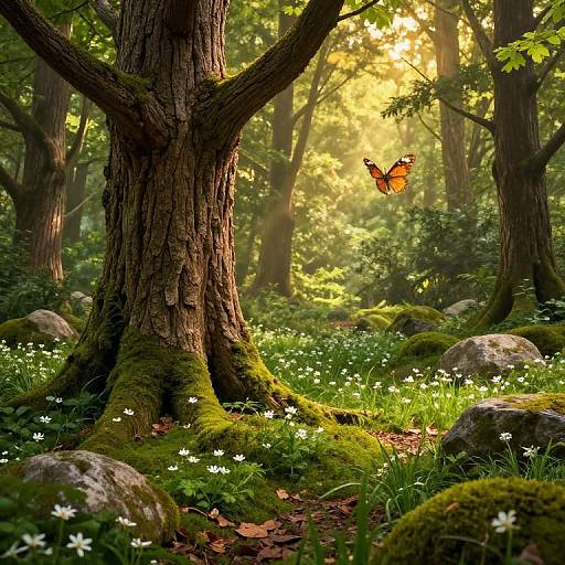 Photograph of a sunlit forest with a large tree trunk, moss-covered roots, white flowers, rocks, and a vibrant orange butterfly mid-flight.