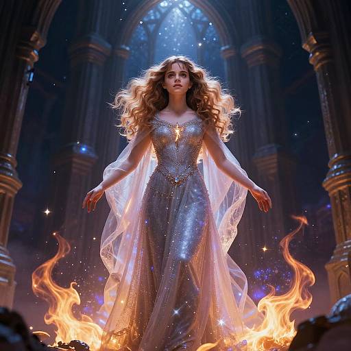 Digital art of a fair-skinned woman with long curly hair in a shimmering silver gown, standing amidst flames, in a grand, gothic cathedral