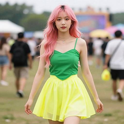 Photograph of an Asian woman with long pink hair, wearing a green spaghetti strap top and yellow skirt, walking in a crowded outdoor event. Background features