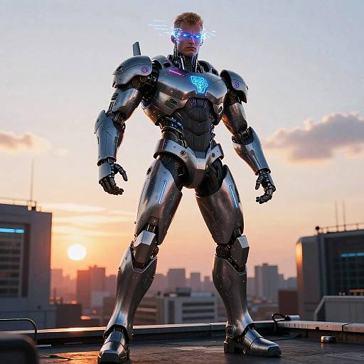CGI image of a muscular, silver robotic man with glowing blue eyes standing on a rooftop at sunset, city skyline in background.
