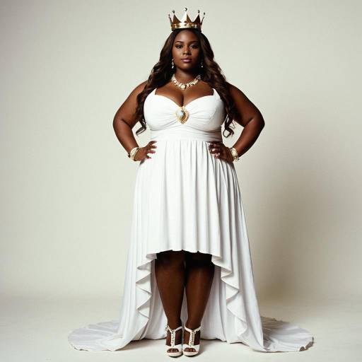 Elegant plus-size woman in white royal gown with crown