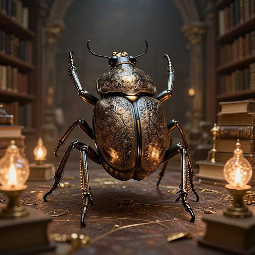 Photograph of an intricately decorated, metallic beetle sculpture standing in a dimly lit, book-filled library with lit candles on the floor.