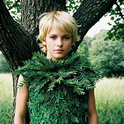 Boy Wearing Tree Leaf Costume Outdoors