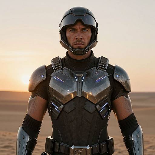 Photograph of a serious, muscular man in futuristic black armor with glowing blue accents, wearing a helmet, standing in a desert at sunset.