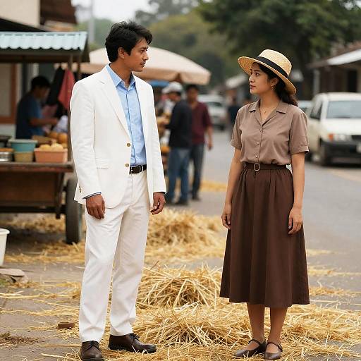 Photograph of a young Asian couple standing on a street with hay, the man in a white suit, the woman in a brown dress and straw hat