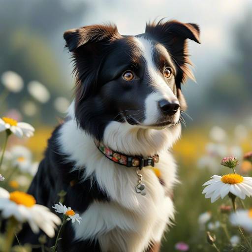 Realistic Border Collie Amidst Flowers