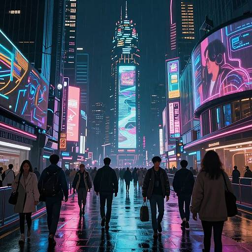 Photograph of a neon-lit, rainy city street at night, with colorful digital billboards, crowded pedestrians, and reflective wet pavement.