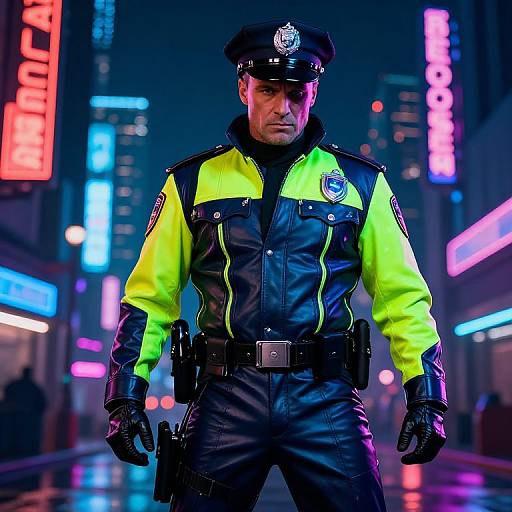 Photorealistic image of a stern-faced male police officer in neon yellow and black uniform, standing in a vibrant, neon-lit city street at night
