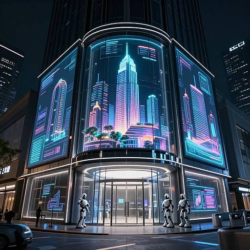 Neon-lit, futuristic building at night, featuring vibrant blue and purple digital cityscape projections on cylindrical facade, flanked by metallic statues of people