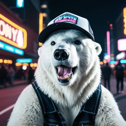 Laughing Polar Bear in Trucker Hat at Neon City Night
