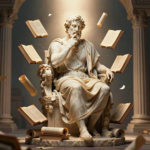 Photorealistic digital image of a statue of a bearded, thoughtful classical figure with books floating around, seated on an ornate chair, illuminated by