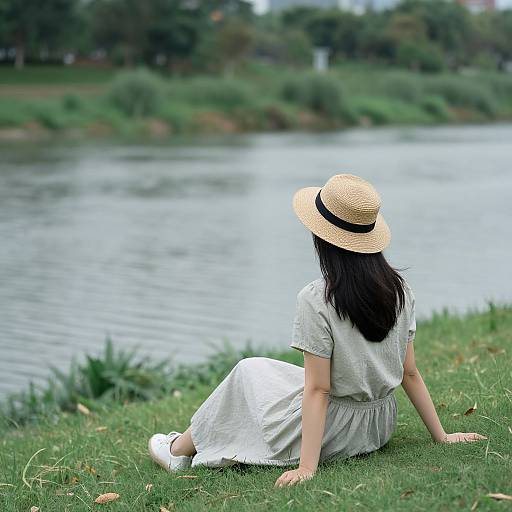Photograph of a woman with dark hair, wearing a straw hat and white dress, sitting on grass by a serene lake.