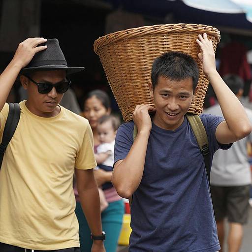 Dynamic Market Scene with Two Asian Men