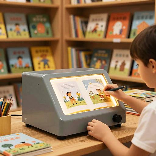 Photograph of a young boy with dark hair, wearing a white shirt, reading a brightly illuminated interactive book on a wooden library table, surrounded by colorful