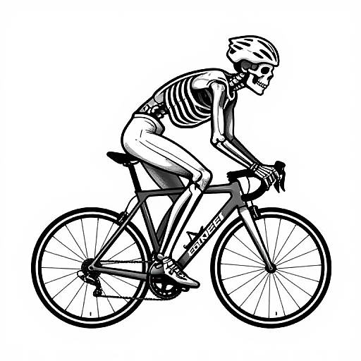 Black and white graphic of a cyclist in full racing gear, leaning forward on a road bike, wearing a helmet. Bold, stylized lines emphasize motion