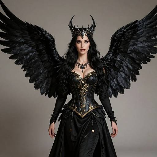 Photograph of a pale-skinned, dark-haired woman with large black feathered wings, wearing a black corseted gown, ornate crown,