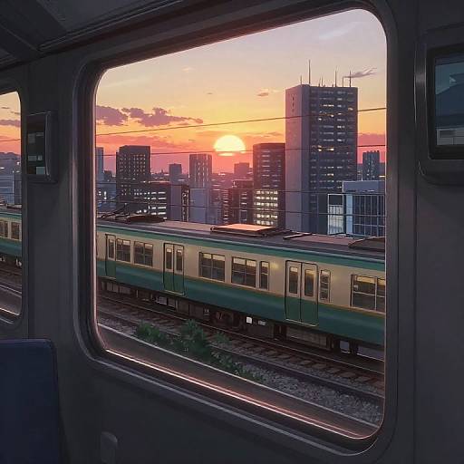 Sunset View of Kyoto Cyberpunk Cityscape from Train Window