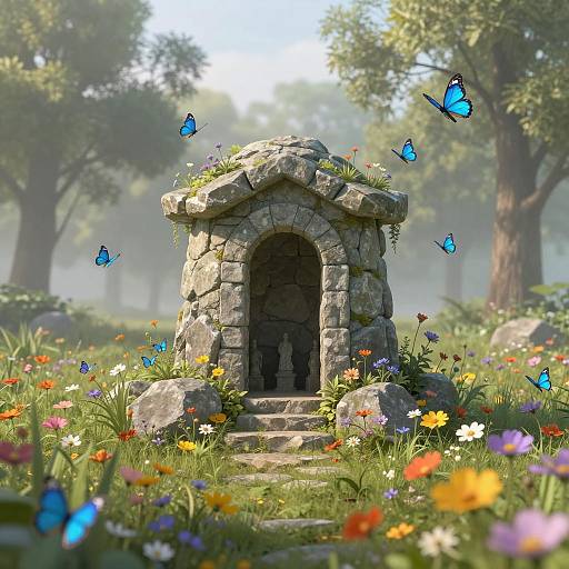 Mystical Stone Mausoleum in Flower Meadow
